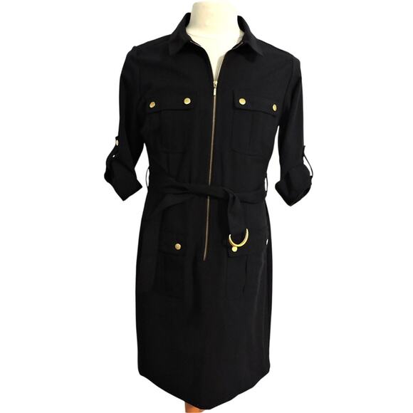 Sharagano Navy Blue Shirt Dress Gold Accents & Belt Size 12 - Picture 6 of 9